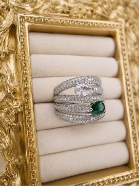 Silver Multi-Band Ring with Emerald Green and Clear Stones
